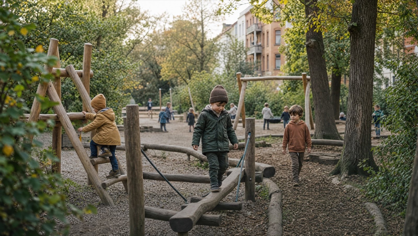 Kinder bewegen sich über einen hölzernen Balancierparcours im grünen Außengelände